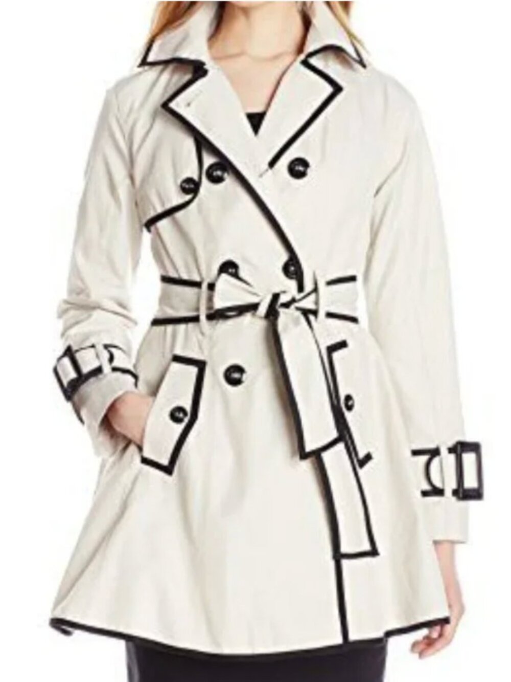 Betsey Johnson White Trench Coat Size M Black Trim Corset Back